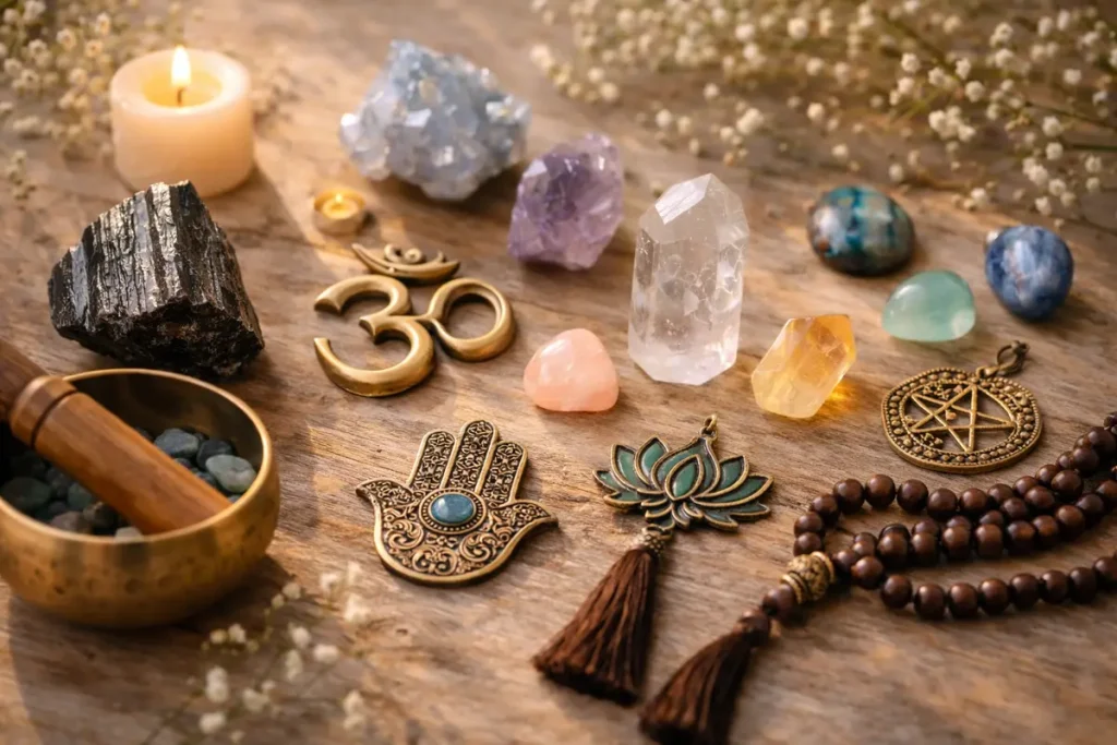 amuletos talismas cristais madeira 1024x683 - Amuletos e talism&atilde;s: O Poder dos Objetos Sagrados na Sua Jornada Espiritual