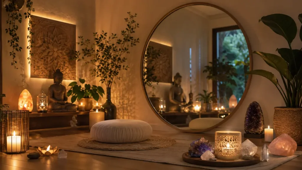 ambiente zen espelho cristais velas 1024x576 - Significado Espiritual do Espelho: O Portal para Sua Verdade Interior