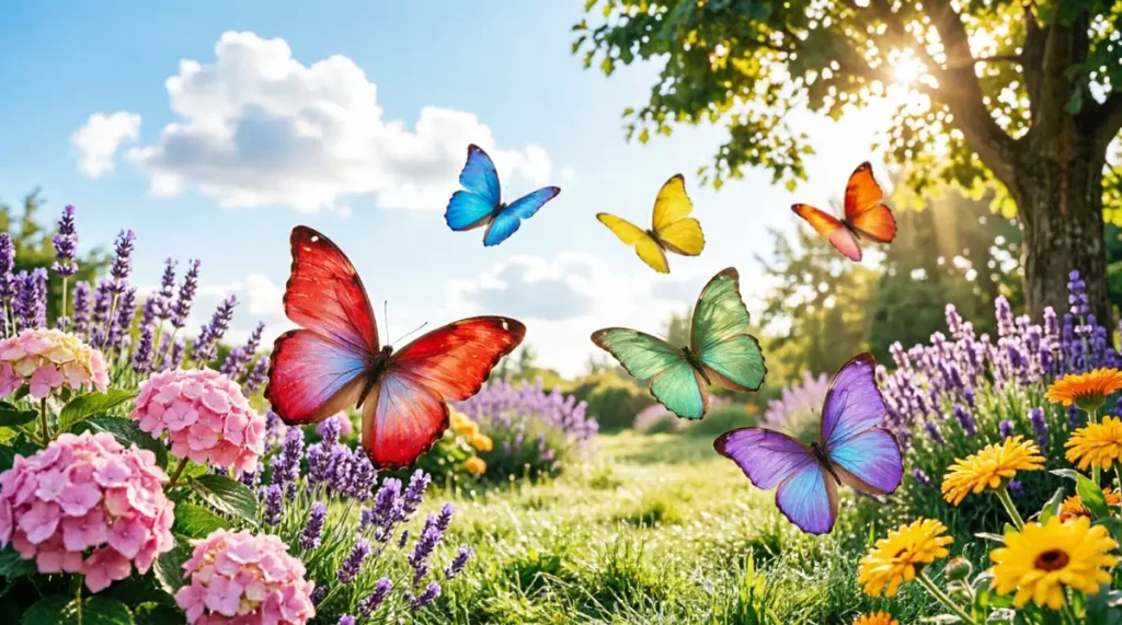 O Significado Espiritual das Borboletas: Mensagens de Transformação e Renascimento borboletas coloridas jardim ensolarado 1024x571 - O Significado Espiritual das Borboletas: Mensagens de Transformação e Renascimento