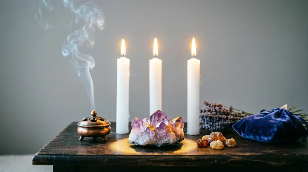 espaco sagrado velas cristais meditacao 1024x572 - Autocuidado espiritual: o caminho para reconectar-se com sua ess&ecirc;ncia