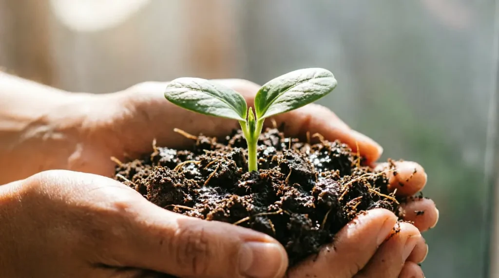 O que o Elemento Terra Representa: Um Guia Transformador maos terra fertil planta crescendo 1024x571 - O que o Elemento Terra Representa: Um Guia Transformador