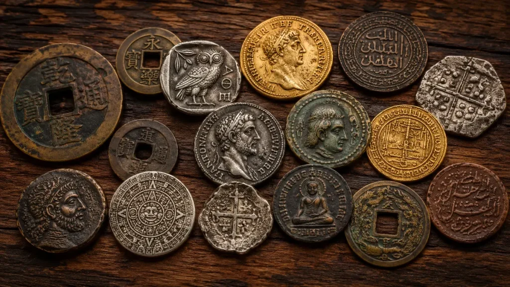 Significado Espiritual da Moeda: O Que o Universo Quer Te Dizer moedas antigas diferentes culturas 1024x576 - Significado Espiritual da Moeda: O Que o Universo Quer Te Dizer