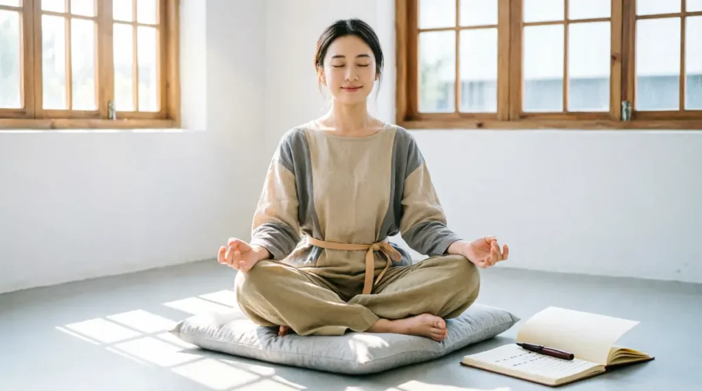 Escrita Intuitiva: O Que É e Por Que Transforma Vidas mulher meditando caderno lotus 1024x571 - Escrita Intuitiva: O Que É e Por Que Transforma Vidas